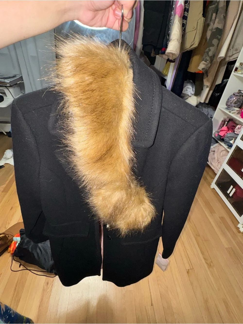 Kate Spade Black Wool Peacoat with Tan Faux Fur Collar
